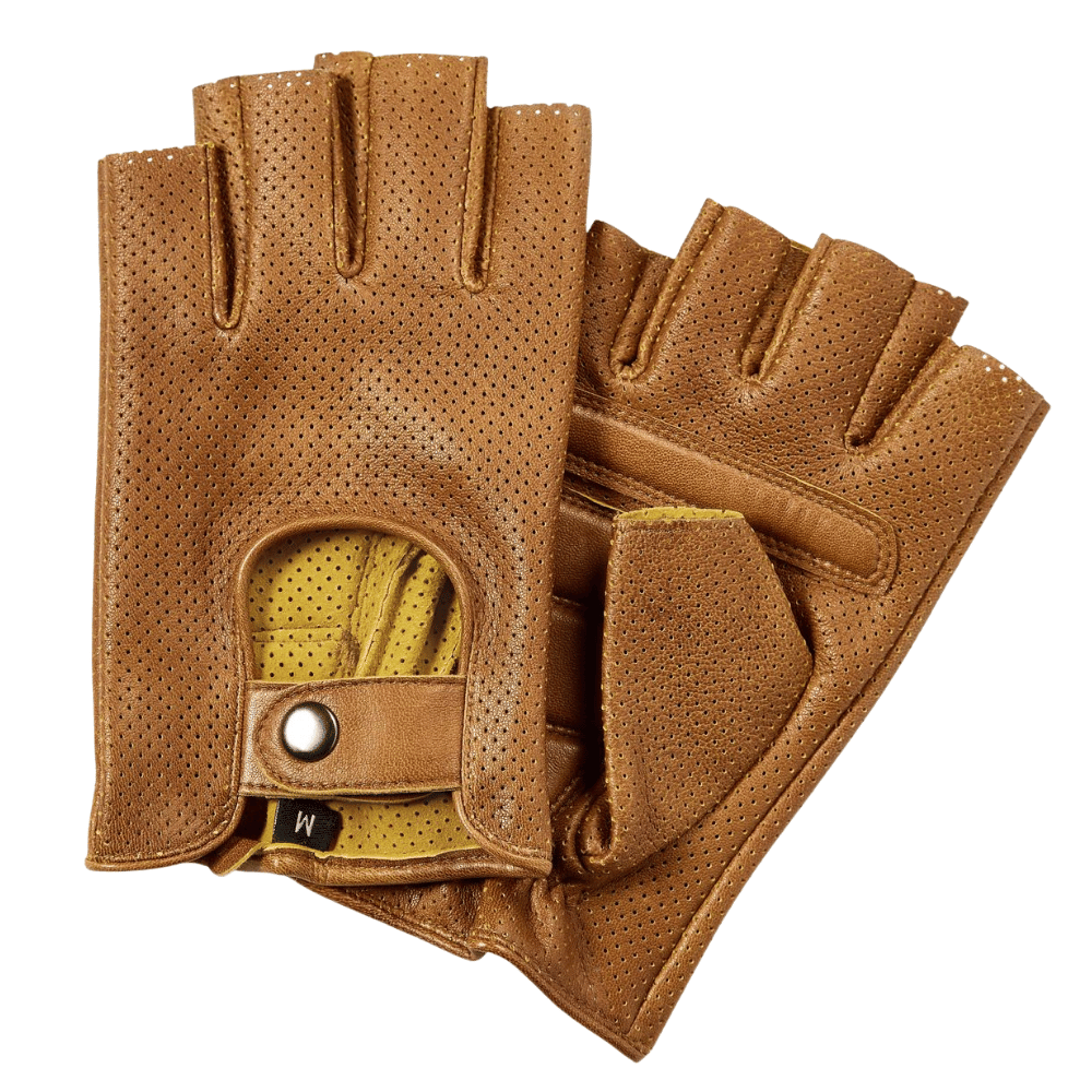 Untitled design (70) Perforated Tan Leather Fingerless Driving Gloves - Image 1