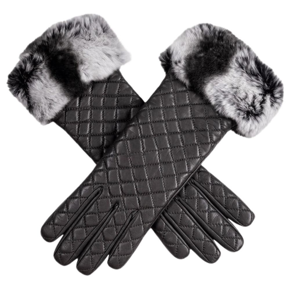Untitled design (71) Quilted Black Leather Gloves with Patterned Fur Cuffs - Image 1
